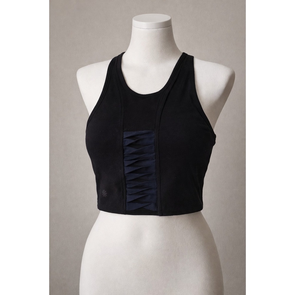 Women's Black Athletic Crop Tank Top Ruched Front Gym Yoga Activewear, Size M